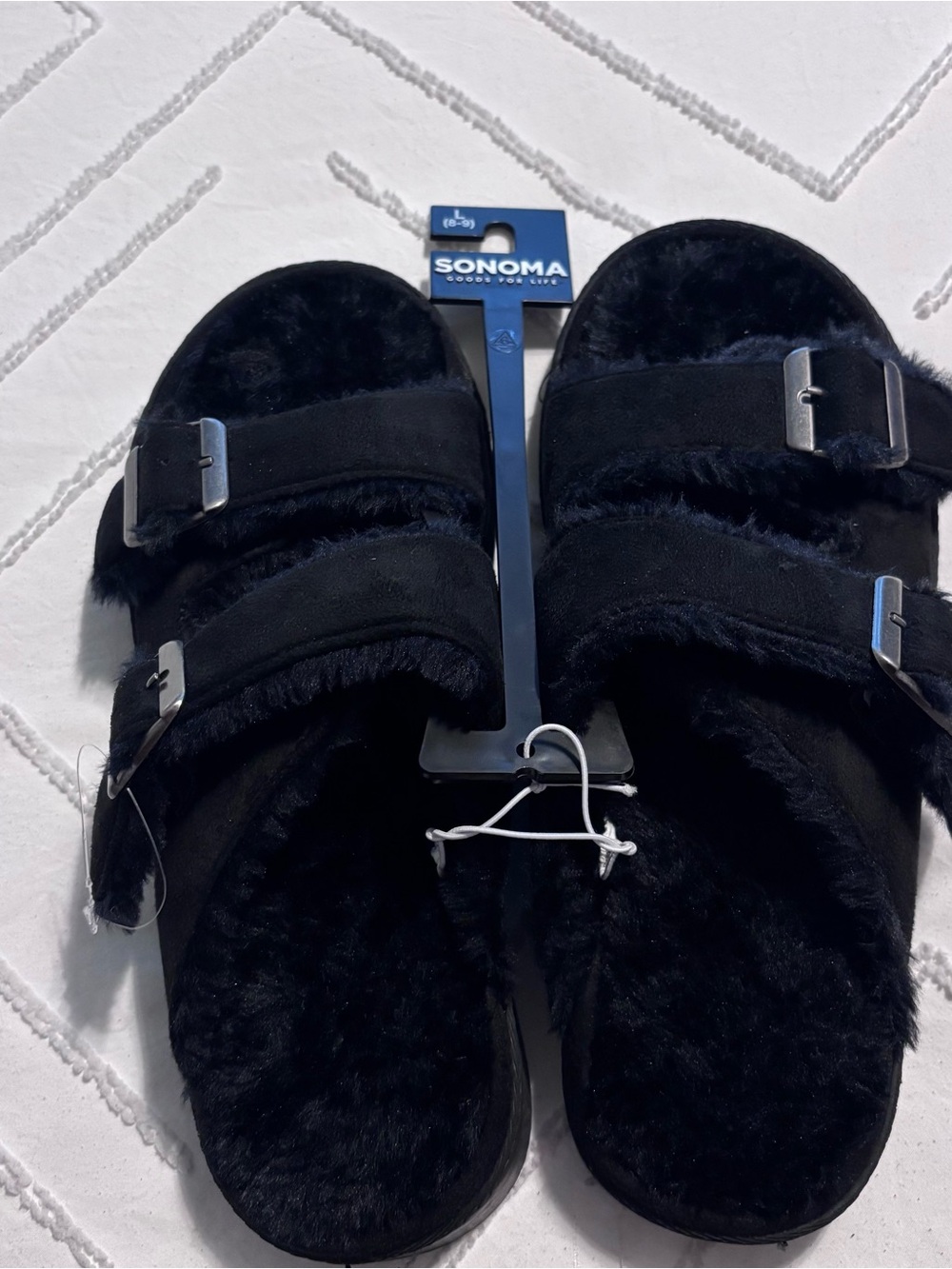 Sonoma Black Faux-Fur Double Buckle Slide Sandals